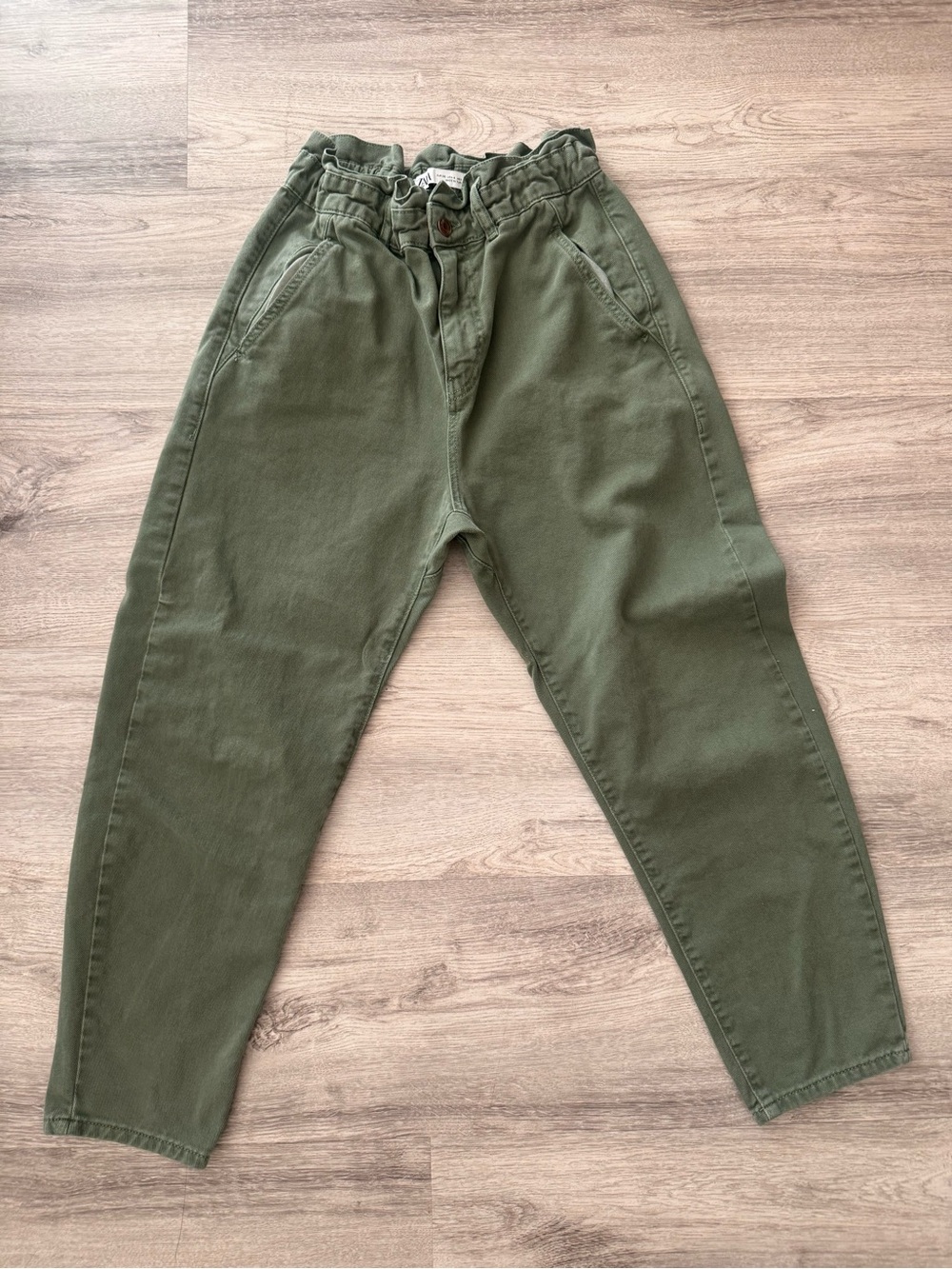Zara Olive Green High-Waist Paperbag Jeans